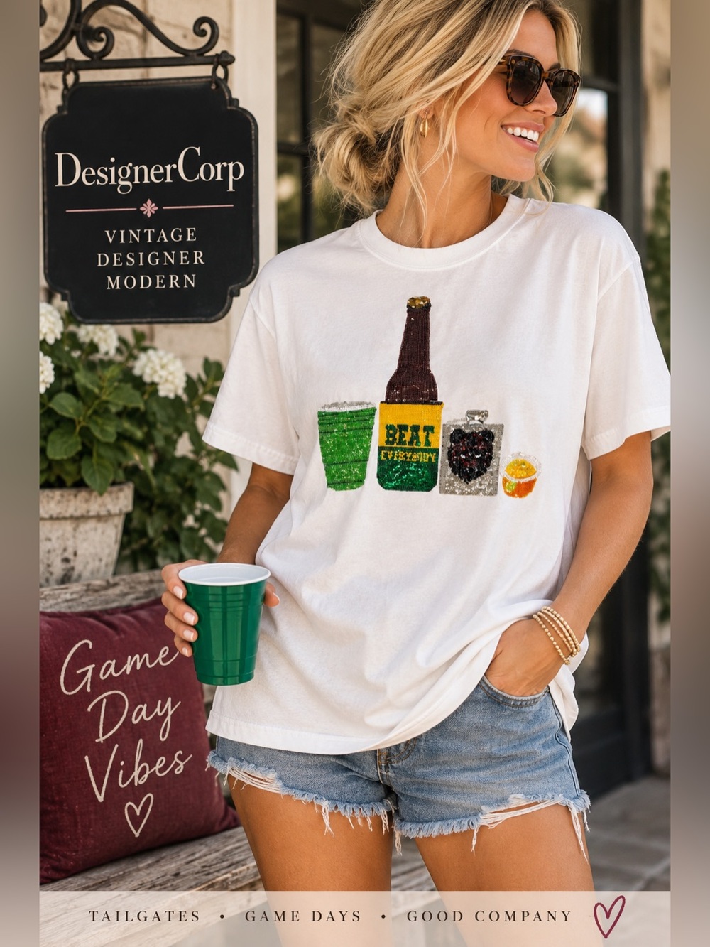 QUEEN OF SPARKLES Beat Everybody Baylor Short Sleeve Tee w Sequin Bottle,Size XL